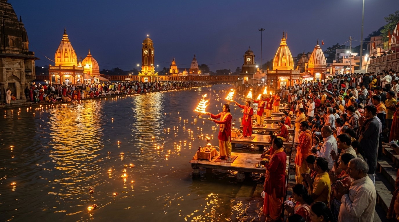 Har Ki Pauri, Haridwar - Sacred Ganga Aarti with illuminated ghats and floating diyas